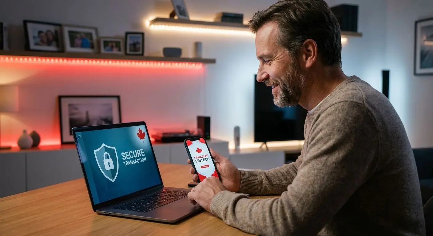 Canadian user with secure online transactions and protection icons
