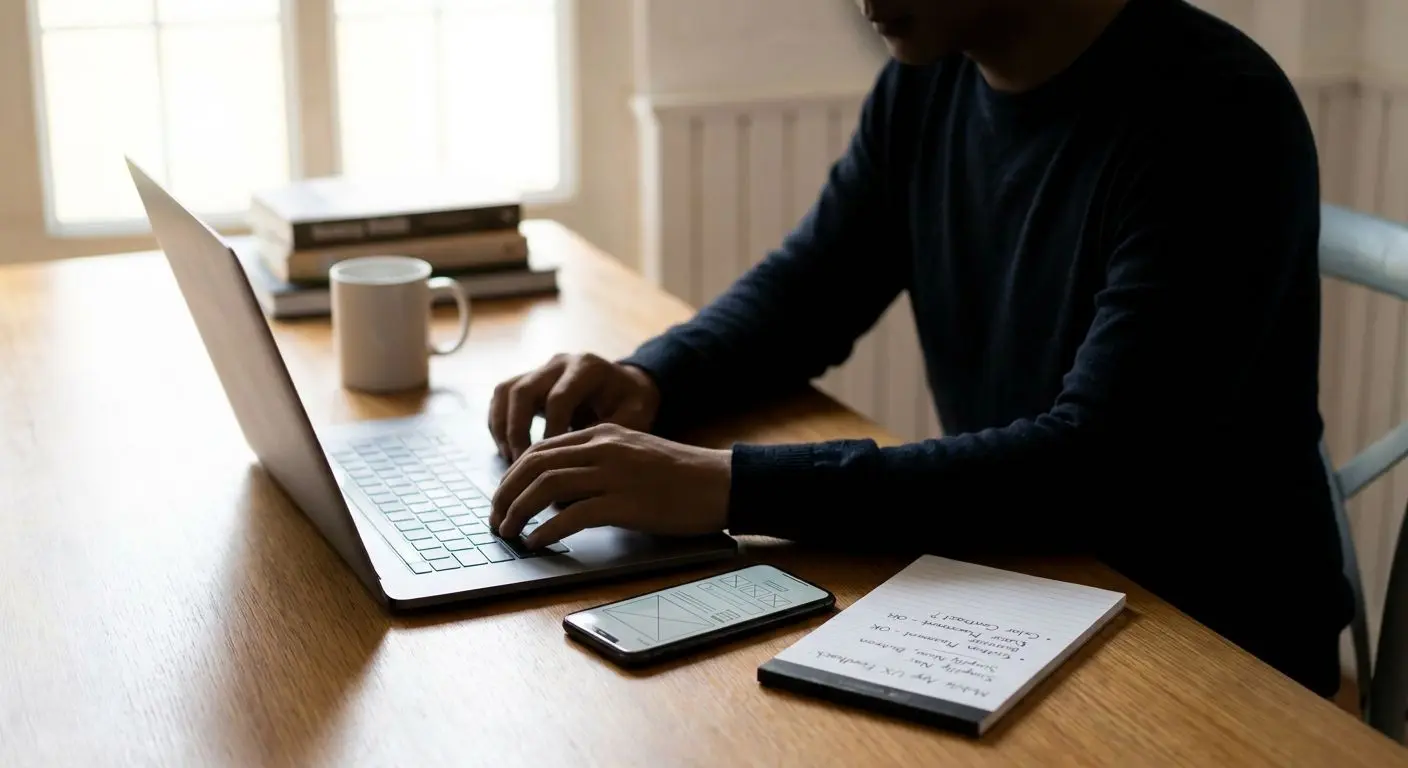 Mobile gaming reviewer workspace with laptop and smartphone