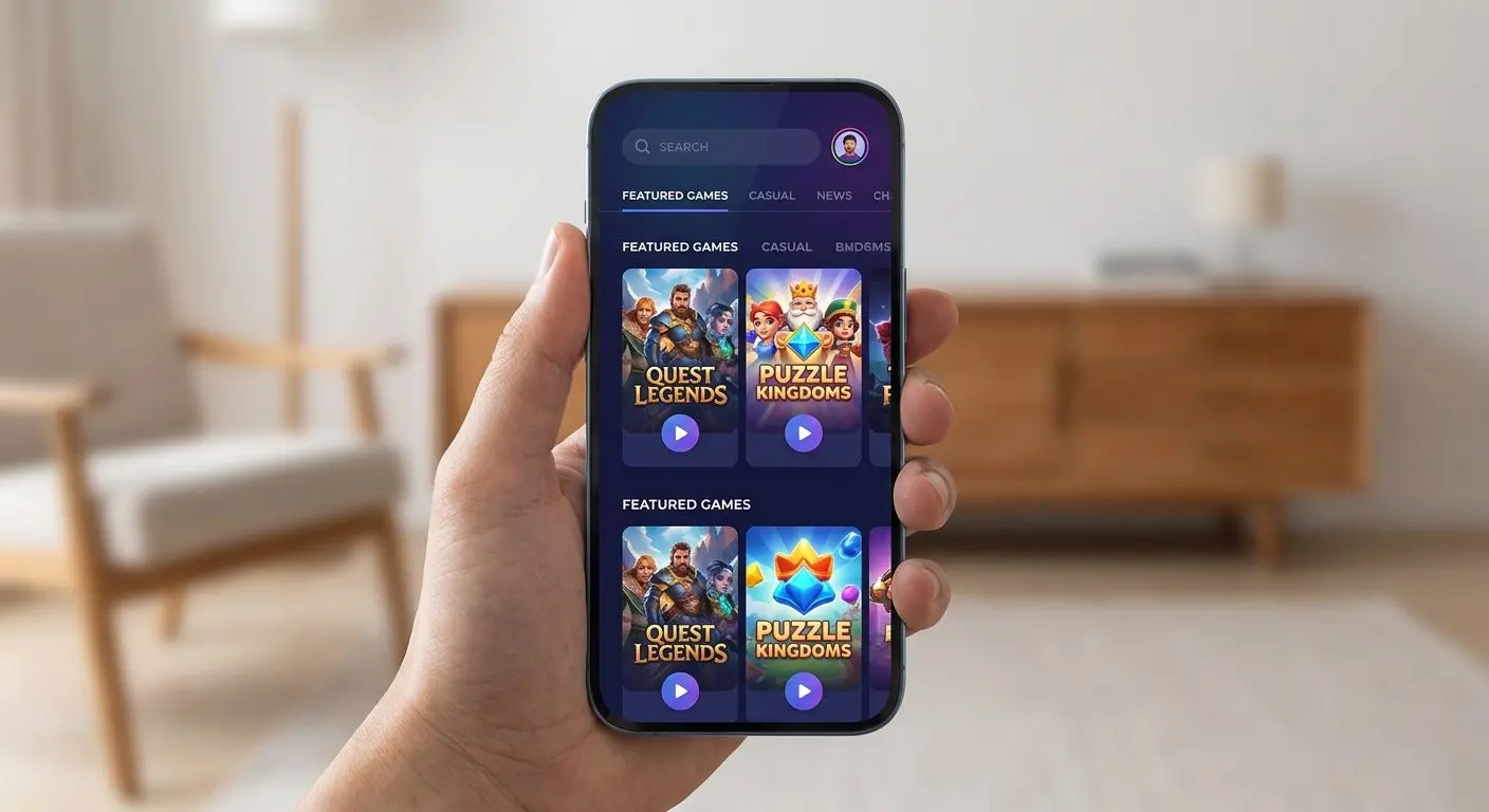 Android mobile app interface with game lobby and navigation