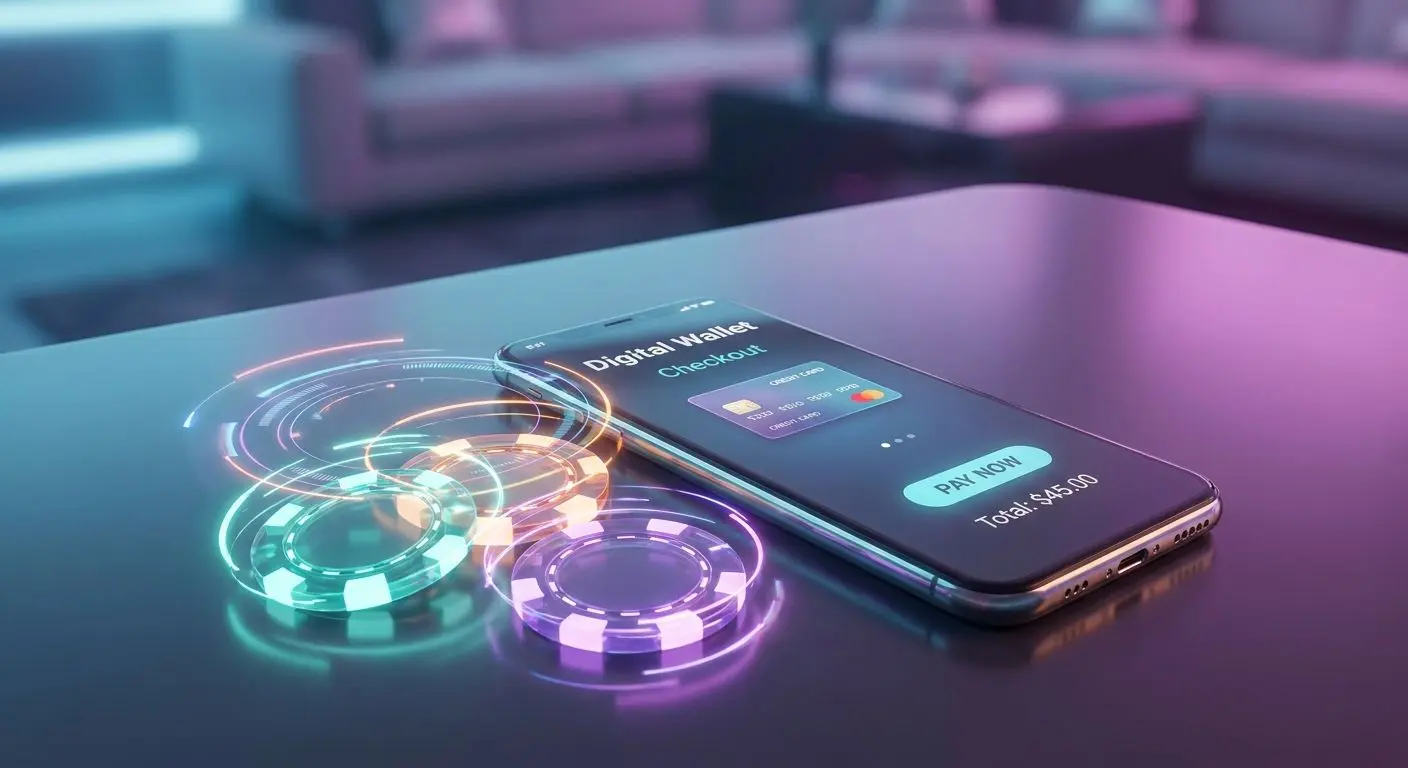 Mobile wallet payment screen beside colourful PlayOJO-style gaming visuals