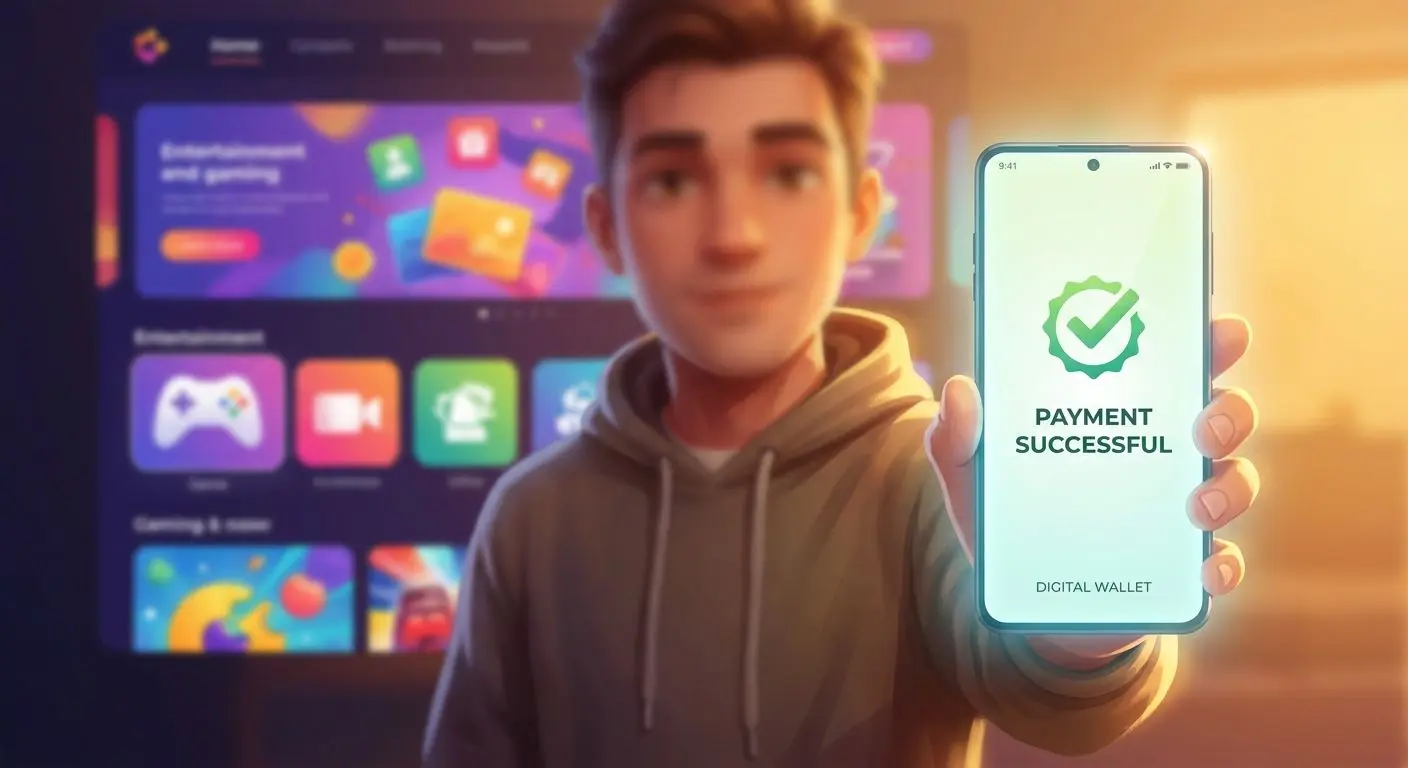 Player using an Apple-style phone with successful account top-up confirmation