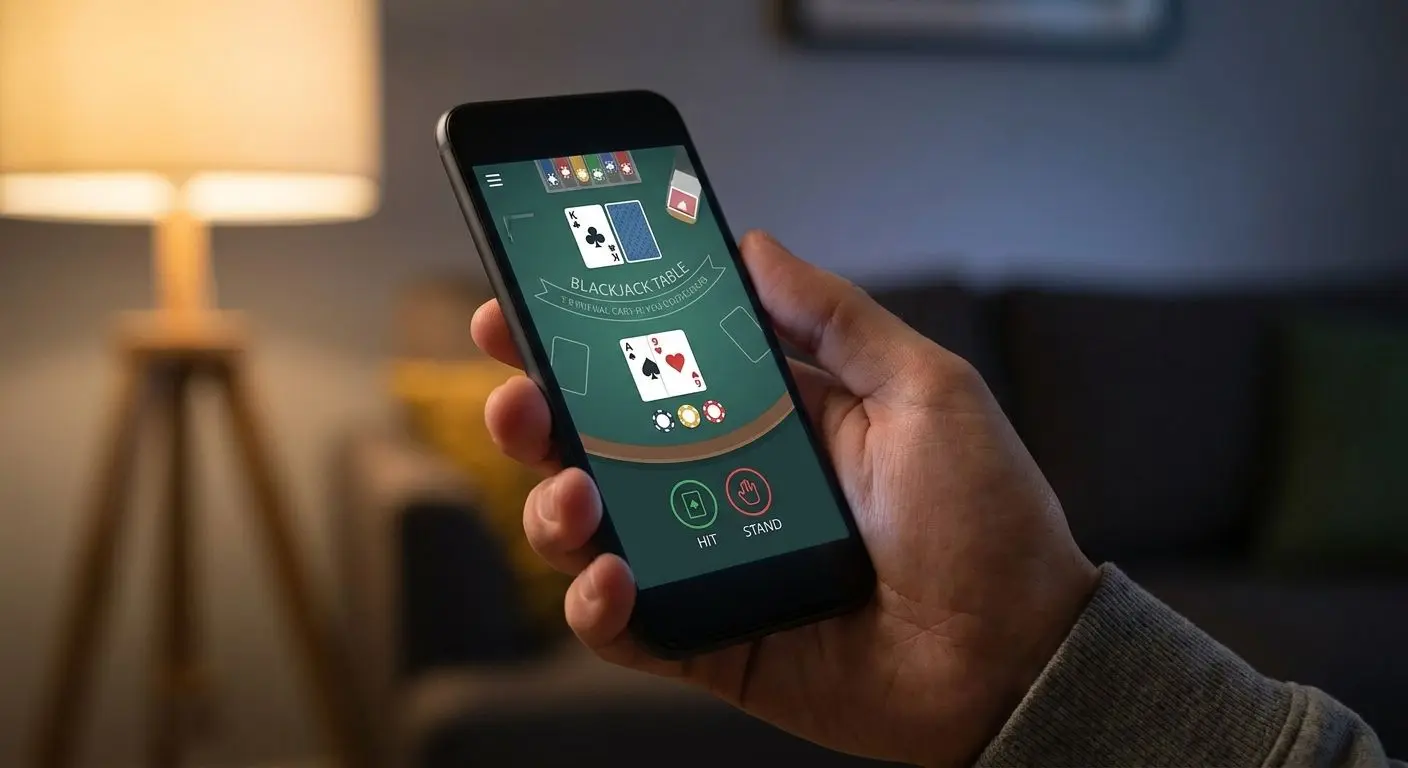 Player holding smartphone with mobile blackjack table open