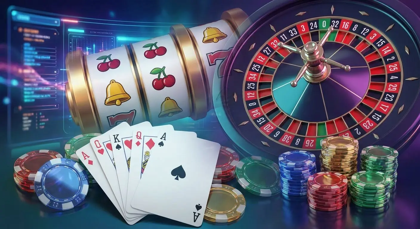 Collage of cards, roulette wheel and slot reels