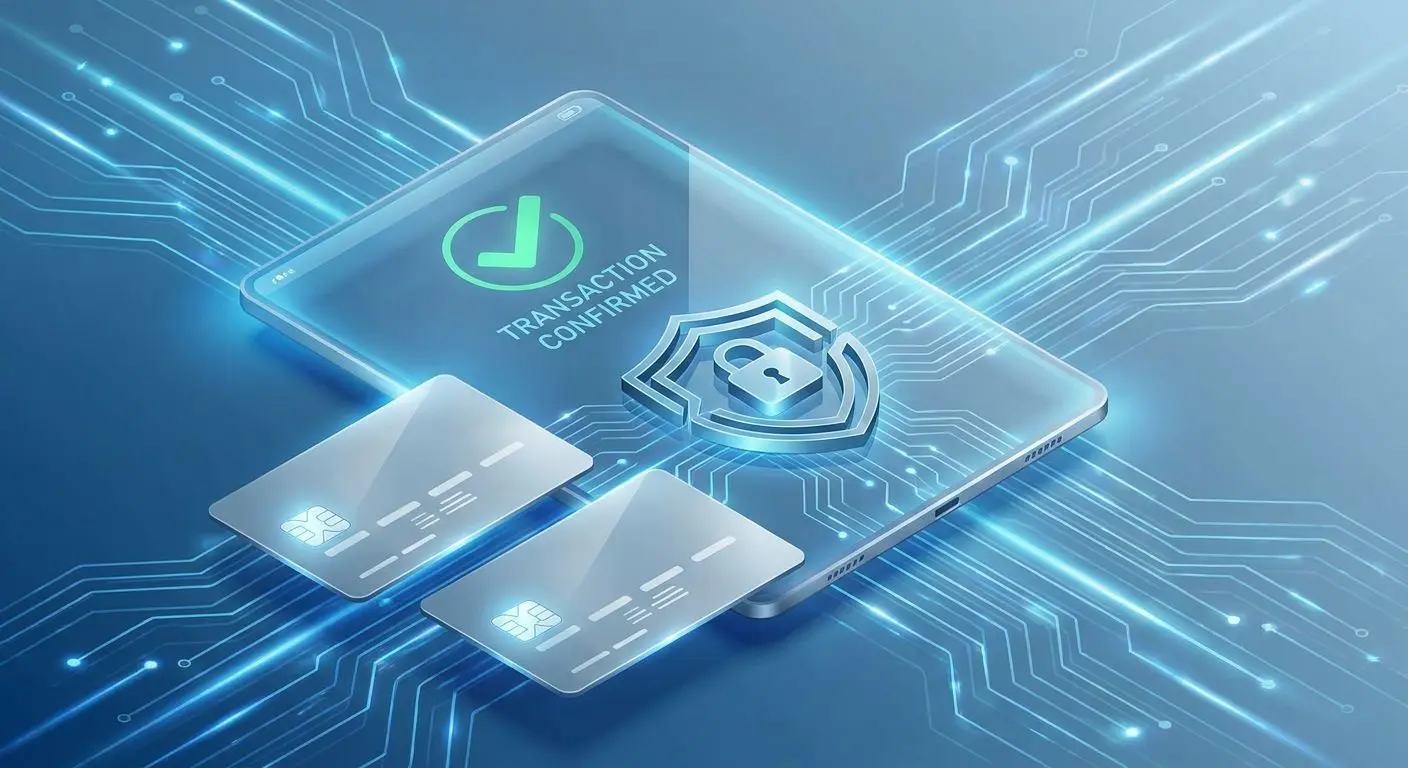 Secure online payment illustration with cards and shield