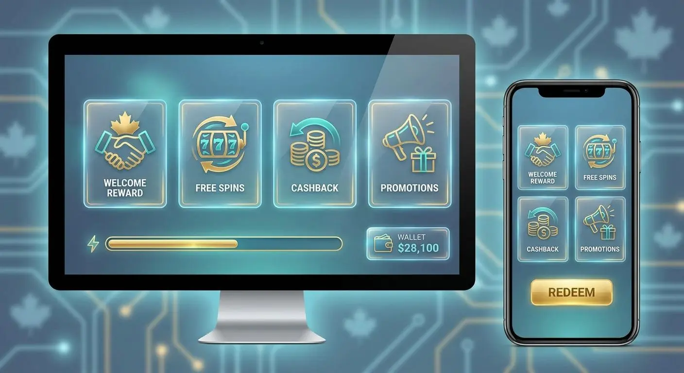 Illustration of bonus categories including welcome, spins, cashback and promotions