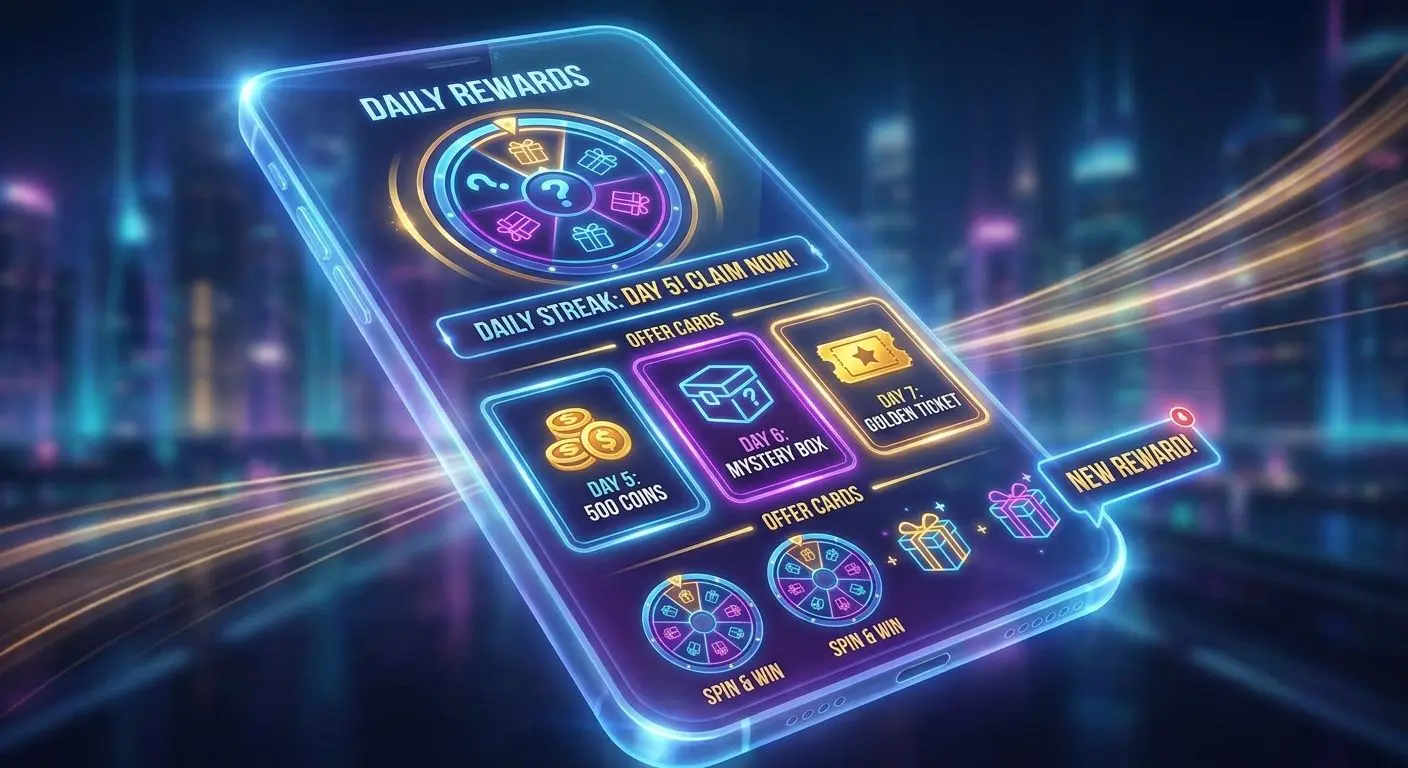 Daily promotions calendar with highlighted offers and reward cards