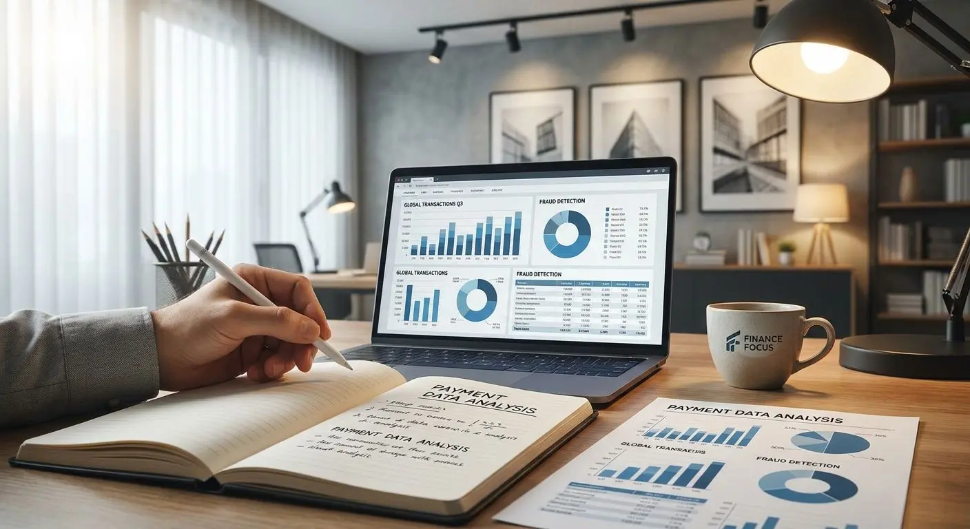 Analyst reviewing online payment content at a desk