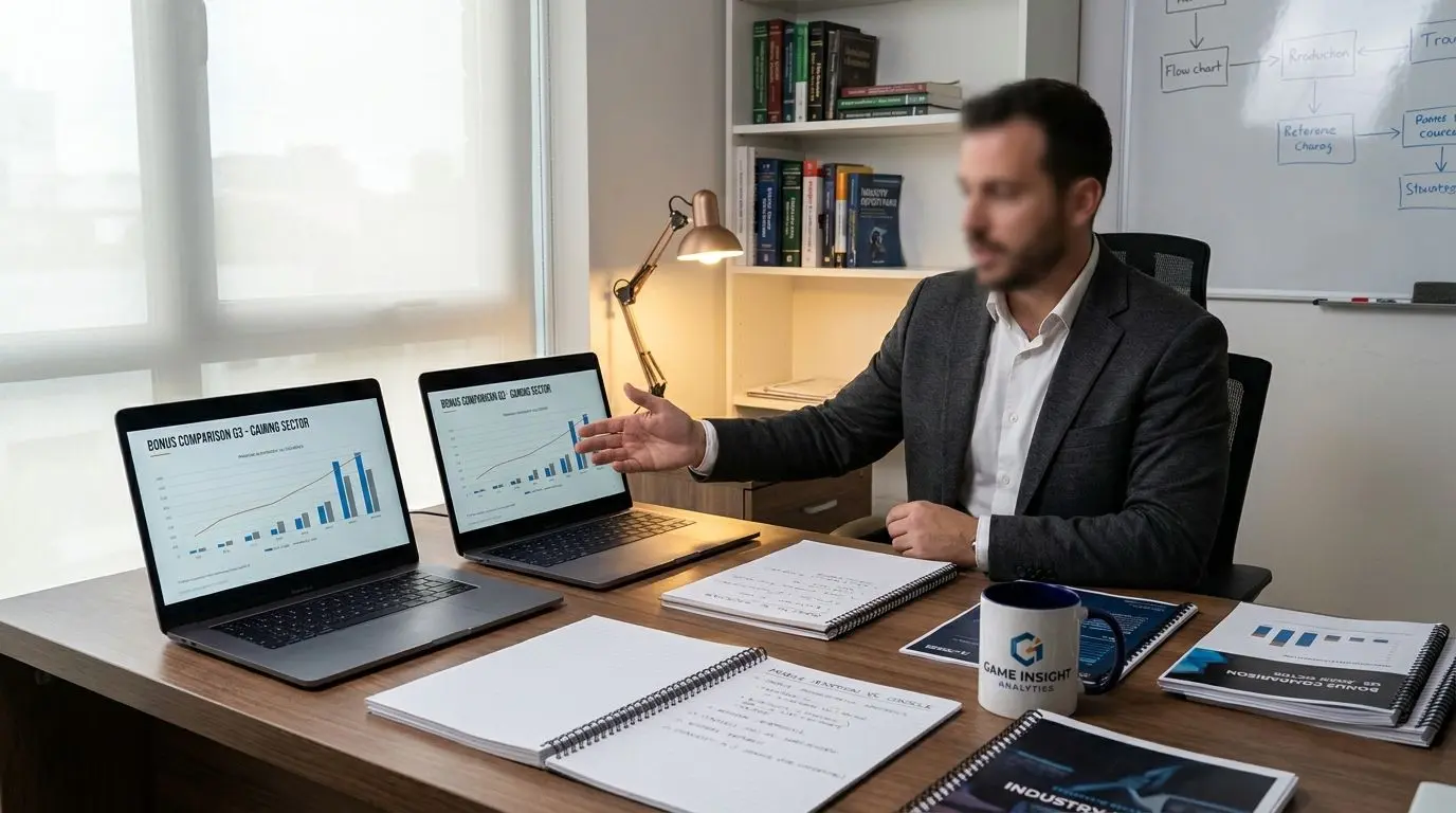 Editorial workspace of an iGaming analyst reviewing bonus offers