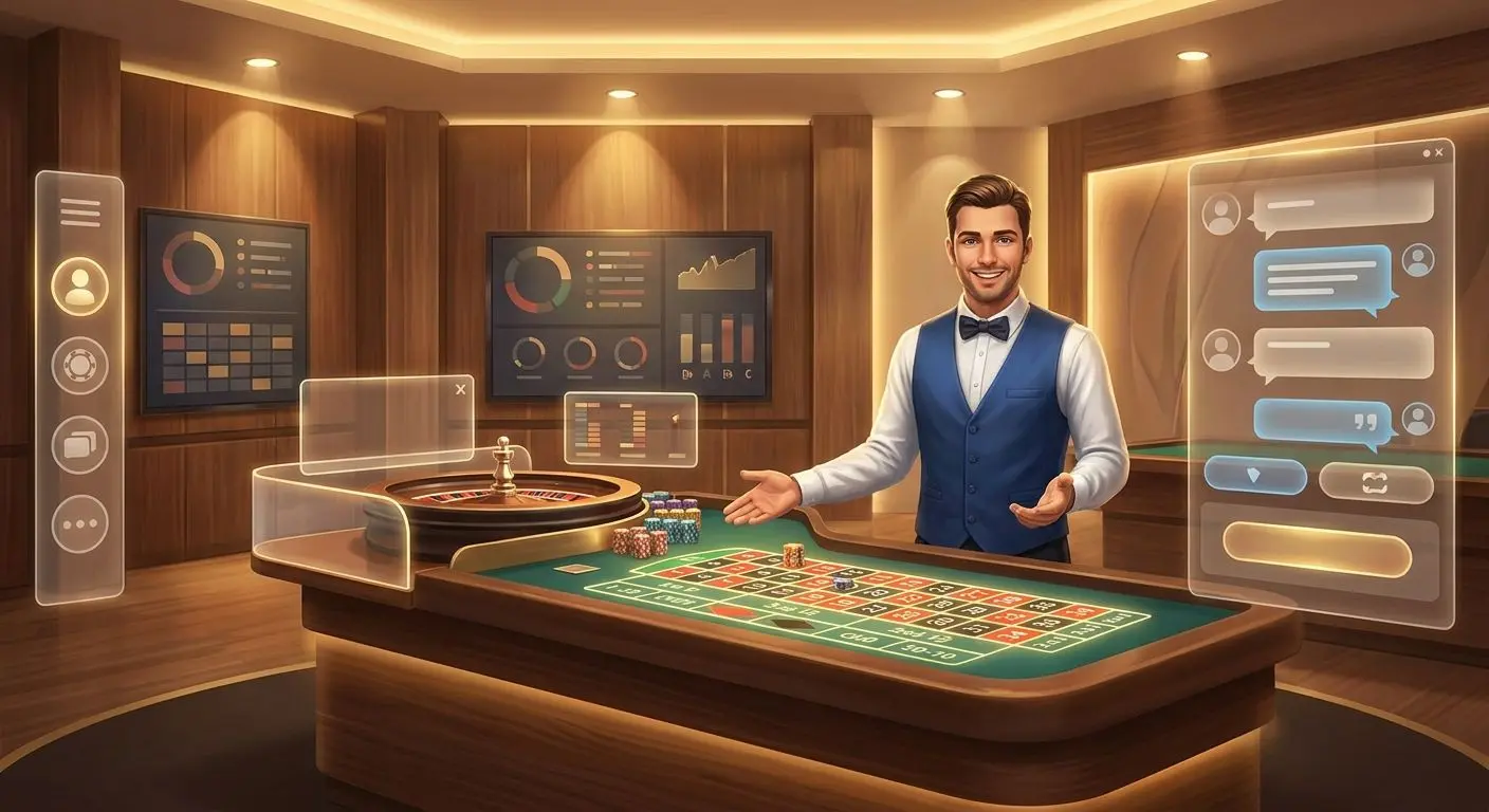 Live online table with dealer and digital interface in a friendly gaming setting