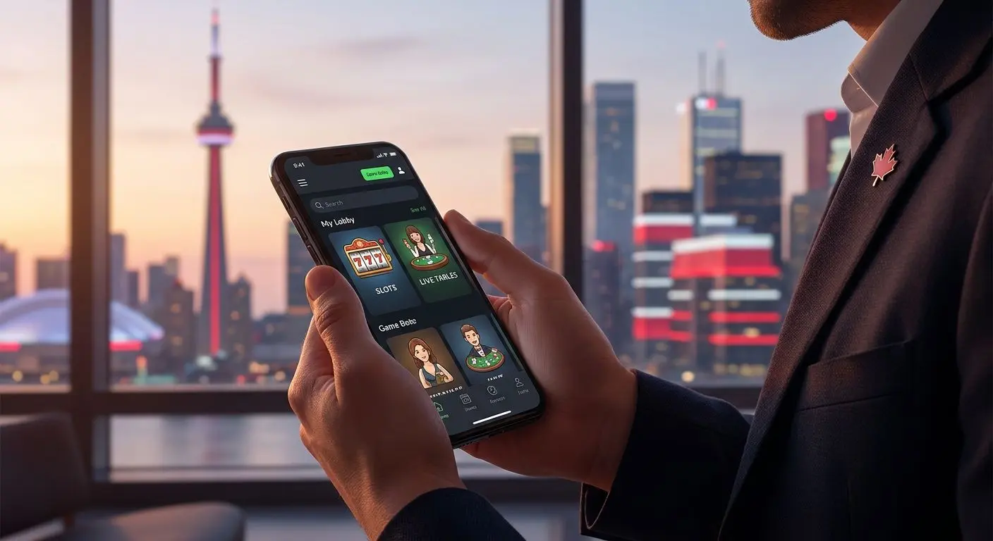 Player using mobile games interface with subtle Canadian background elements