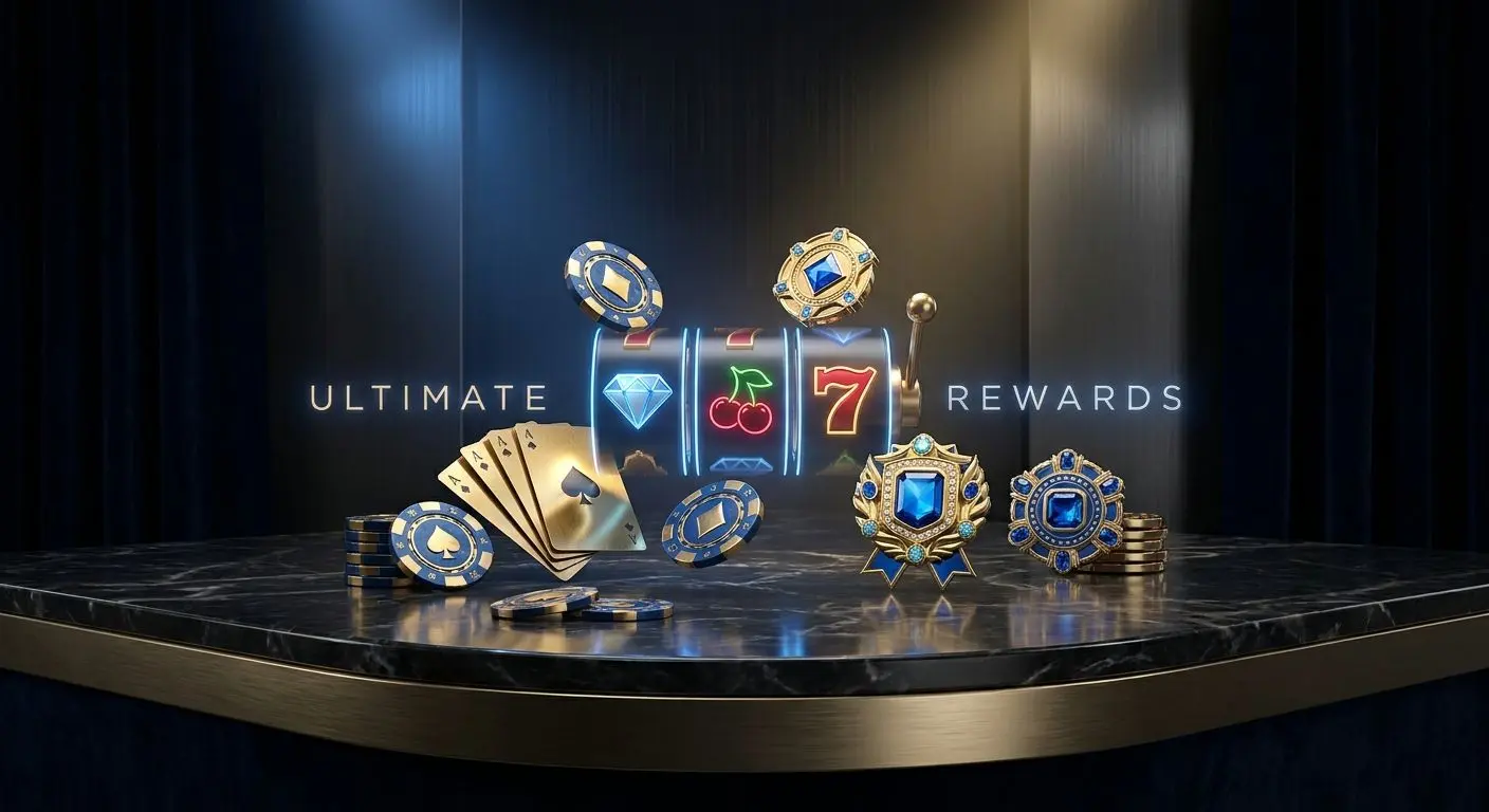 Bonus-themed visual with chips, cards, and reel symbols for different highroller reward types