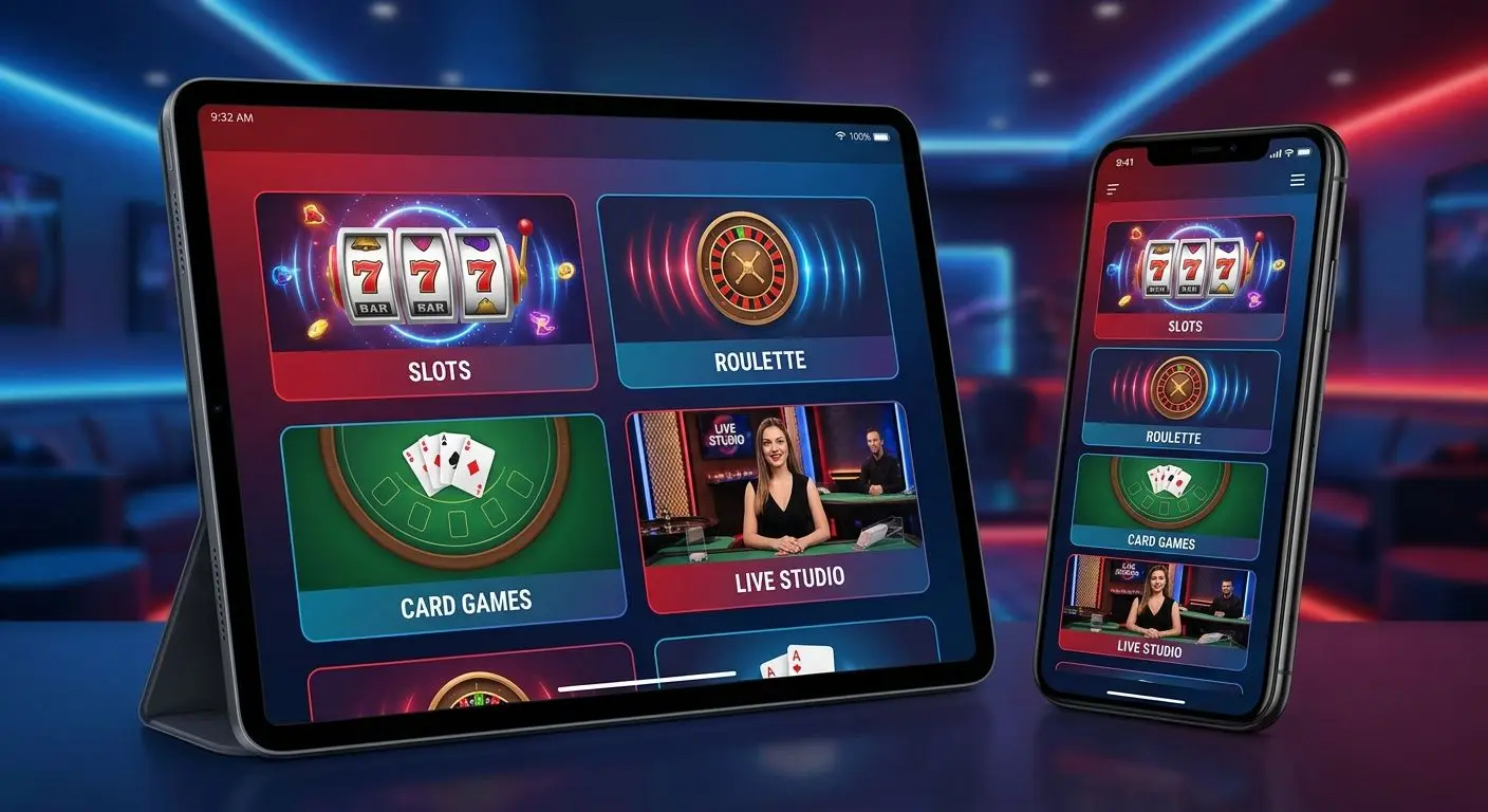 Mobile app showing slots, roulette, blackjack and live game categories