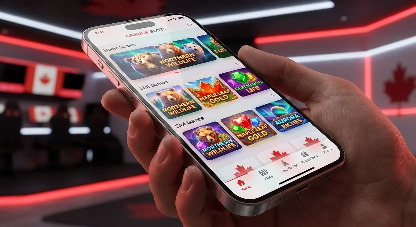 Mobile app home screen with slots and Canadian-inspired design