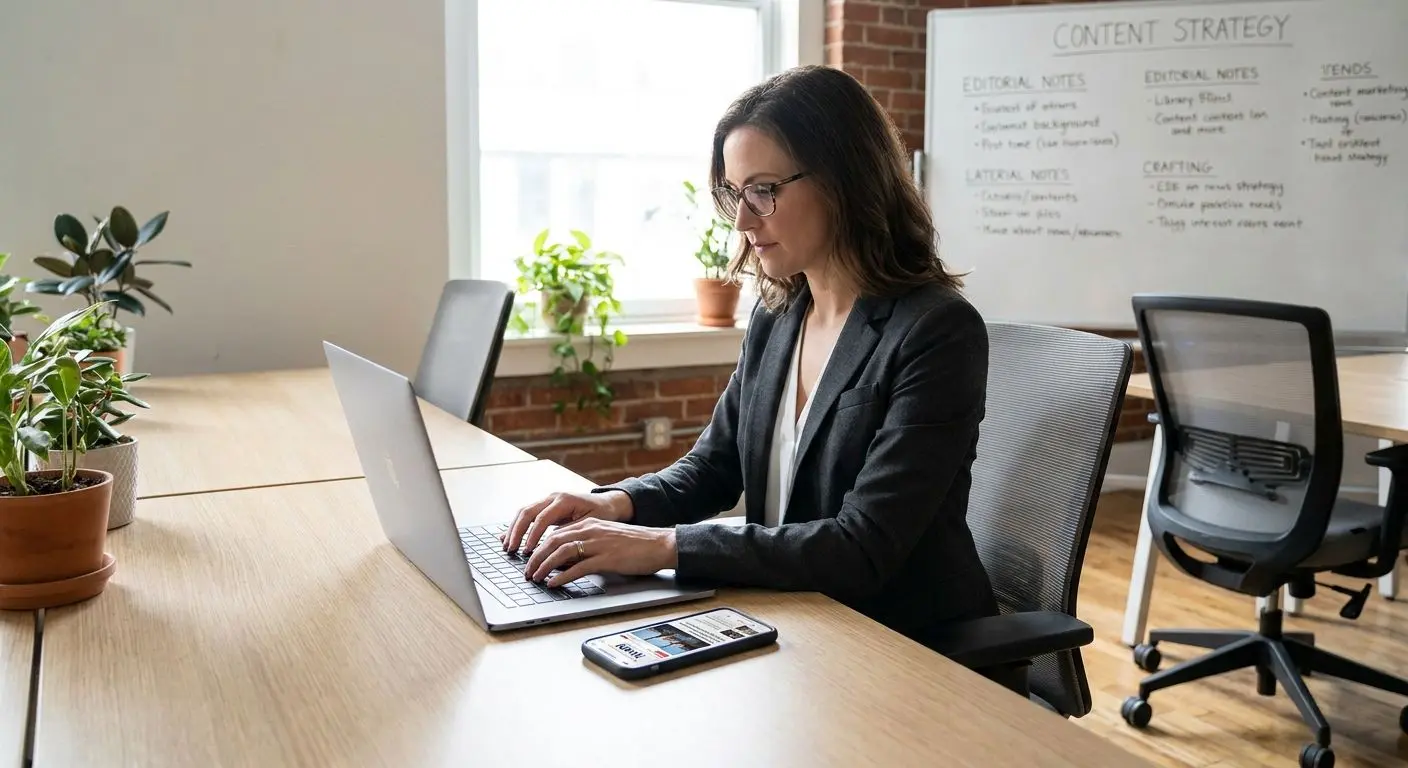 Fictional iGaming content specialist at desk with laptop and phone