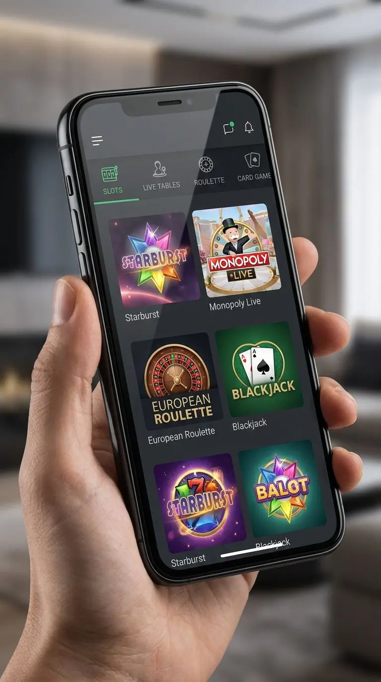 Phone screen with slots, live games, roulette and blackjack categories