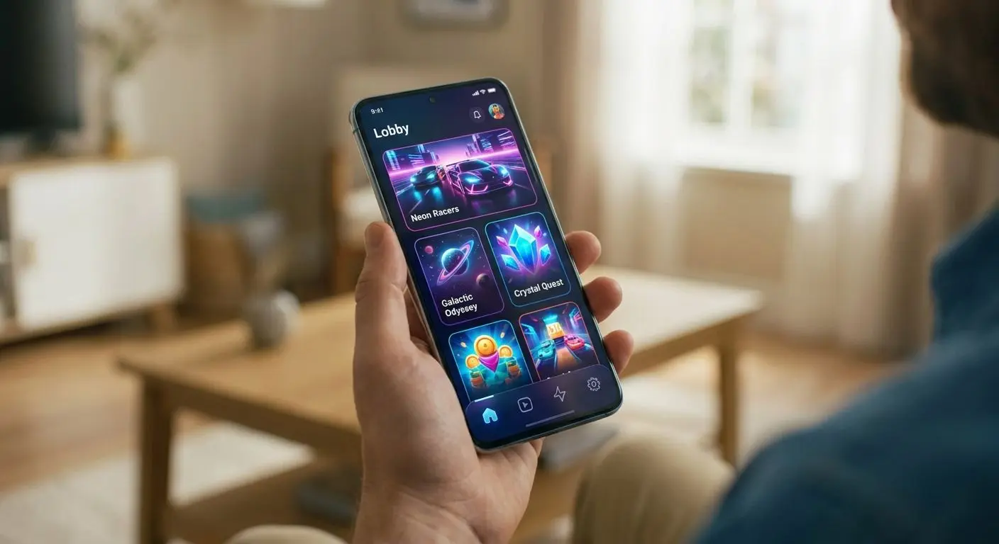 iPhone showing mobile app lobby with game previews