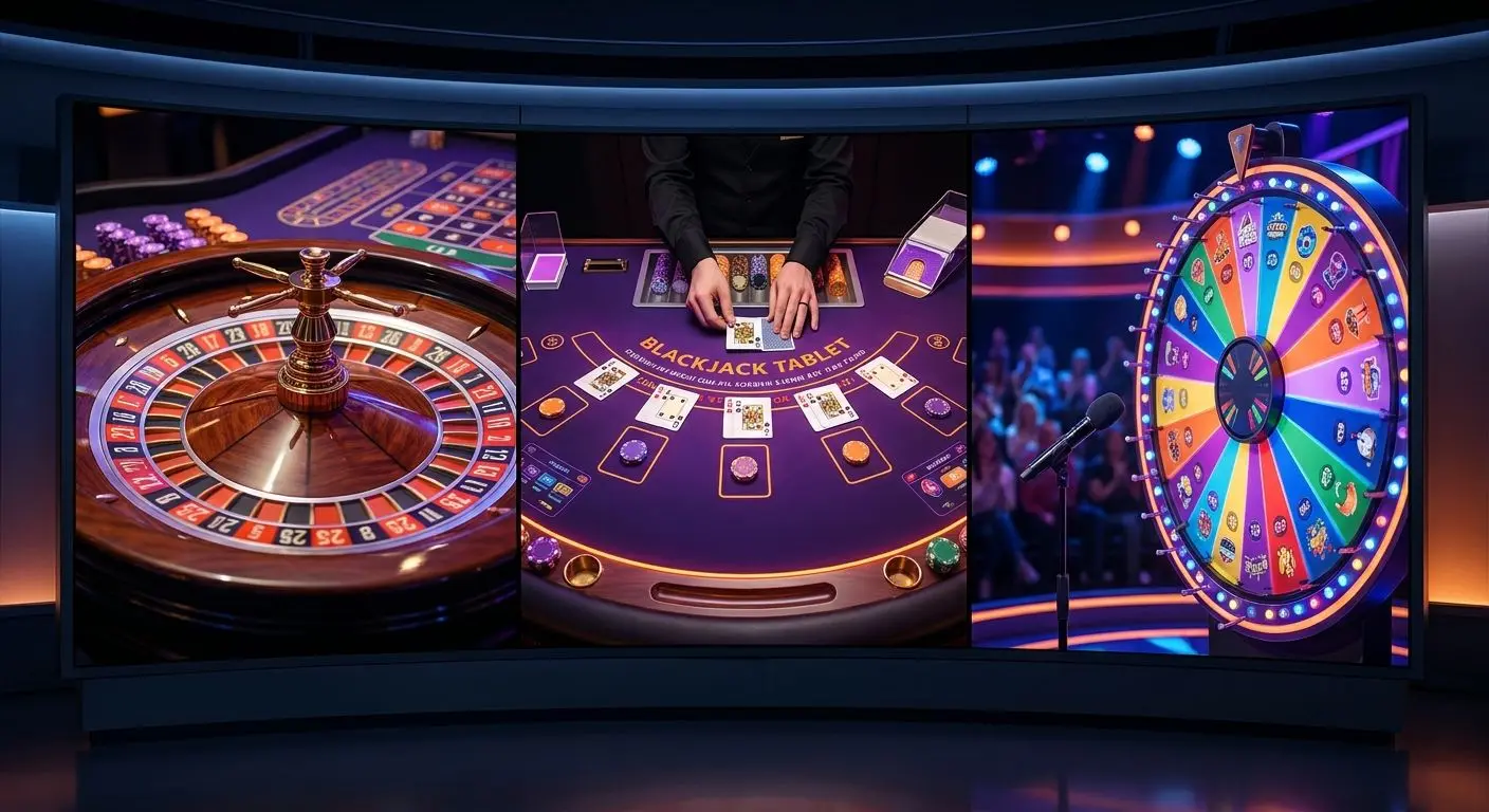 Collage of roulette, blackjack, and live game show formats