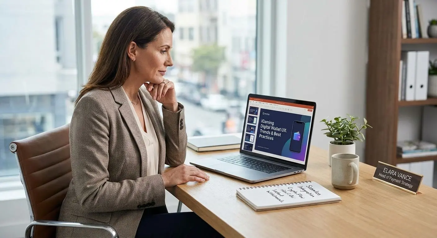 Editorial workspace of a payments content expert reviewing digital wallet notes