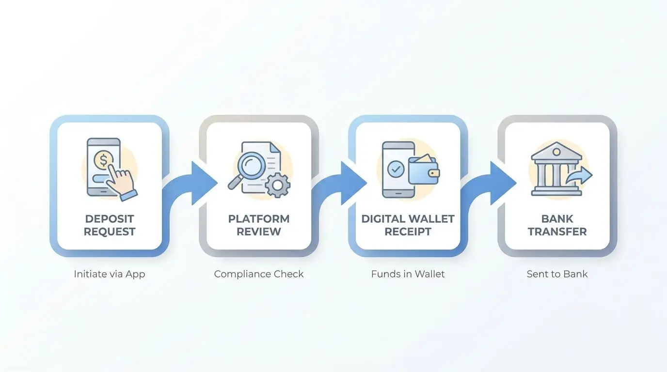 Timeline showing deposit to platform to PayPal to bank flow