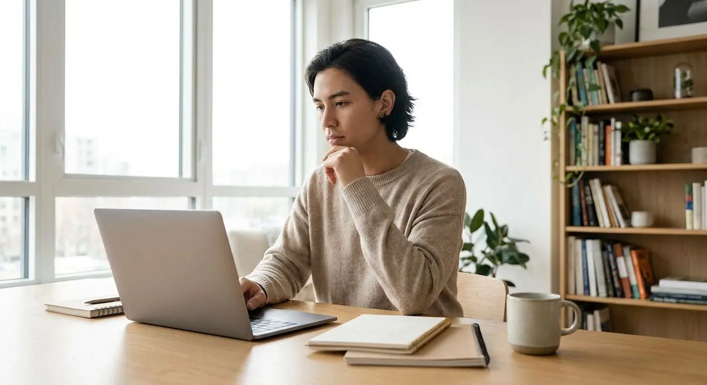Fictional expert writer working on a laptop in a home office