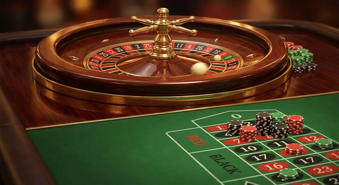 Close-up of roulette wheel and layout with chips in play