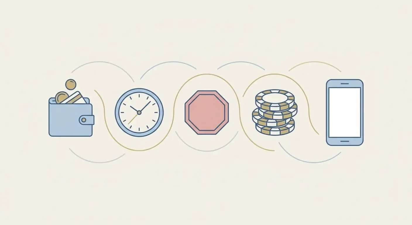 Responsible play infographic with wallet clock and stop icons