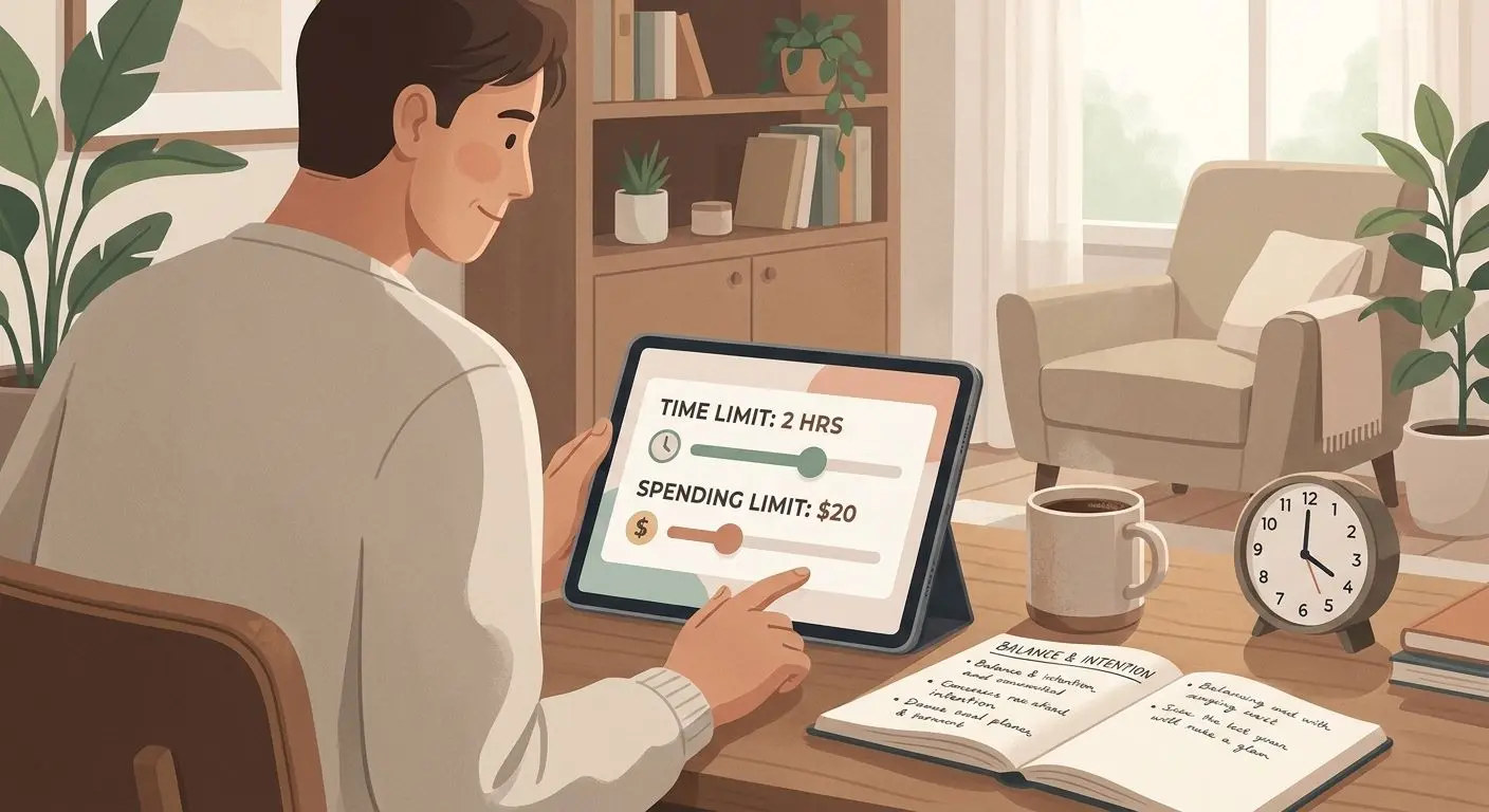 Responsible play illustration with timer and spending limits