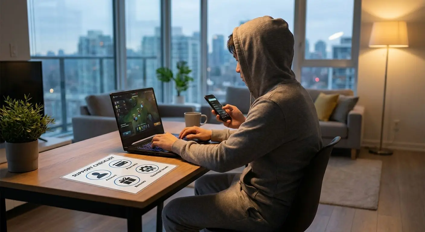 Player reviewing account, payment, bonus and technical support topics