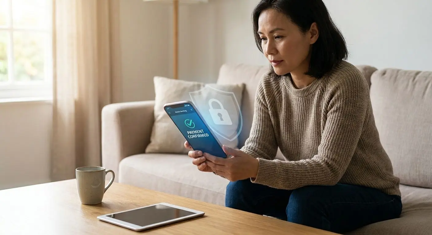 Player confirming a secure online banking transaction on mobile
